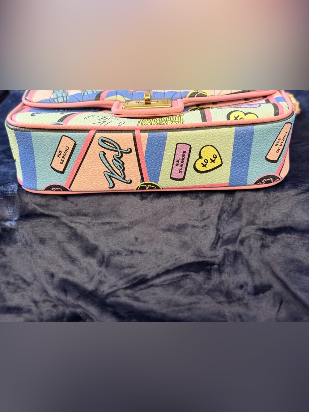 Karl Lagerfeld Pastel Pink Multicolor Paris Postcard Chain Shoulder Bag - Picture 8 of 8
